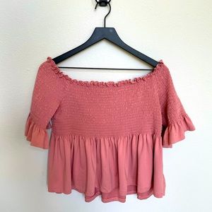 Blush pink off shoulder blouse